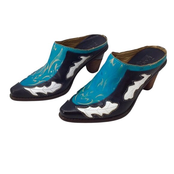 L'Artiste Spring Step Fun Mule Western Sz 37 6.5-7 Black Turquoise Hand Painted - Picture 1 of 12
